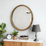 Natural Wooden Circle Mid-Century Modern Decorative Mirror